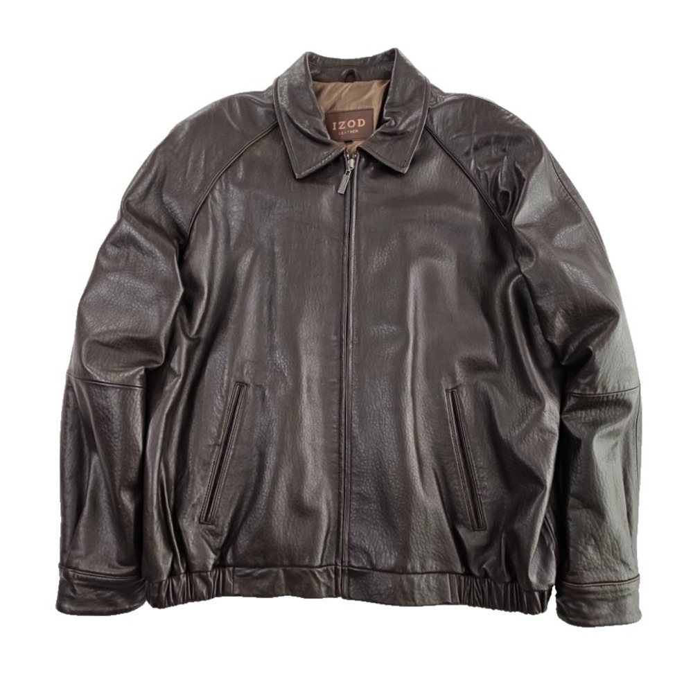 Izod‎ Full Zip Leather Bomber Jacket Men's XXL Brown EUC LN 6 Pockets Well Made